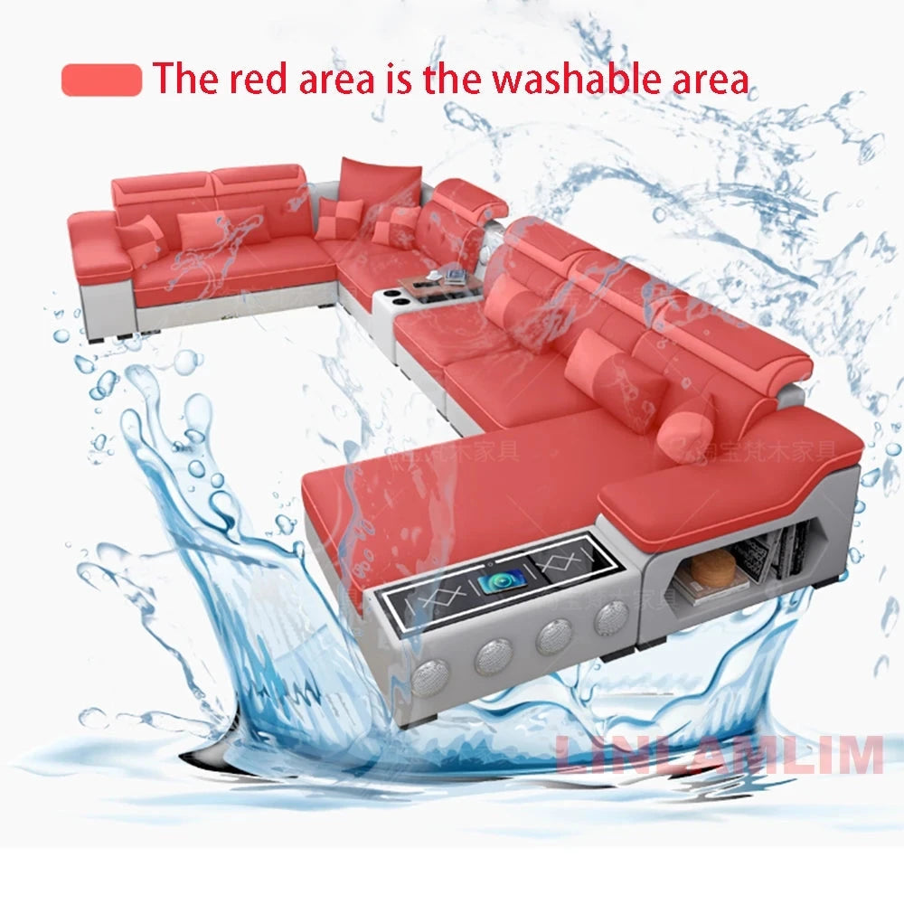 Modern Tech Fabric Sectional Sofa Set with Chaise Lounge, Bluetooth Speakers &amp; USB Charging Ports Manwatstore