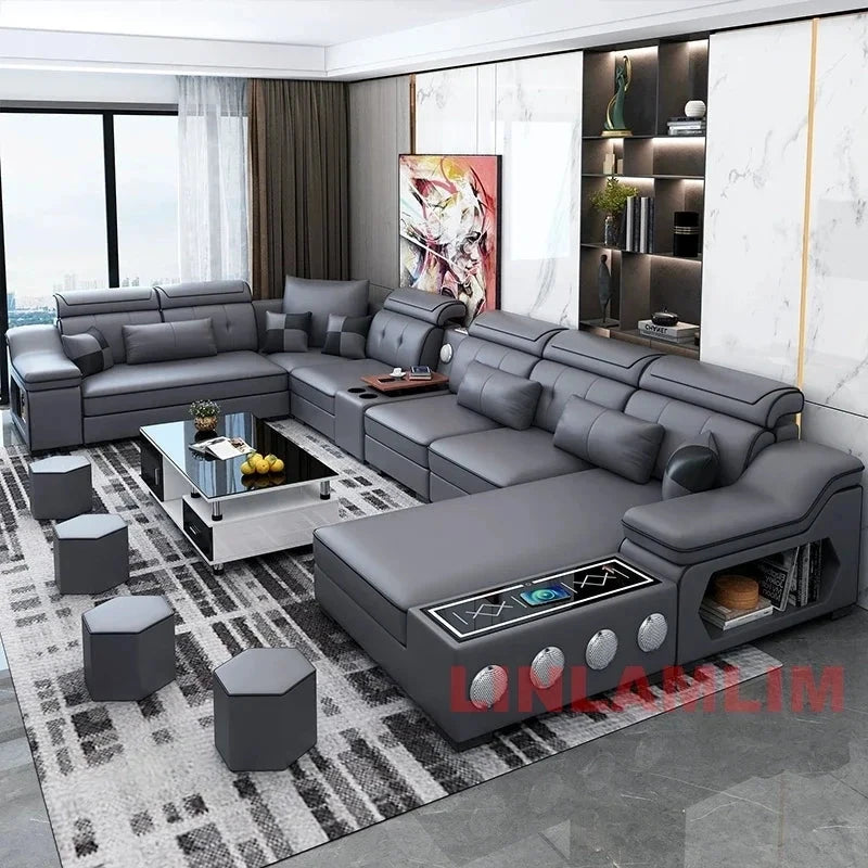 Modern Tech Fabric Sectional Sofa Set with Chaise Lounge, Bluetooth Speakers &amp; USB Charging Ports Manwatstore
