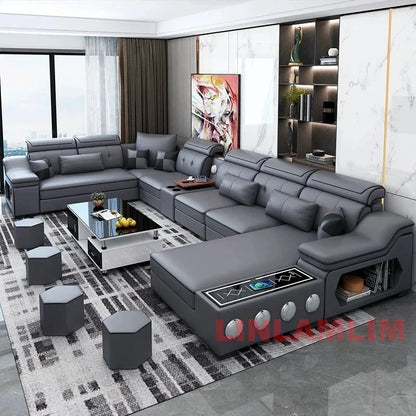 Modern Tech Fabric Sectional Sofa Set with Chaise Lounge, Bluetooth Speakers & USB Charging Ports Manwatstore