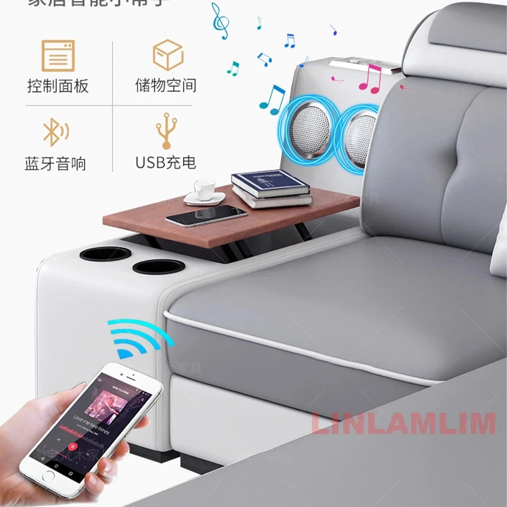 Modern Tech Fabric Sectional Sofa Set with Chaise Lounge, Bluetooth Speakers &amp; USB Charging Ports Manwatstore