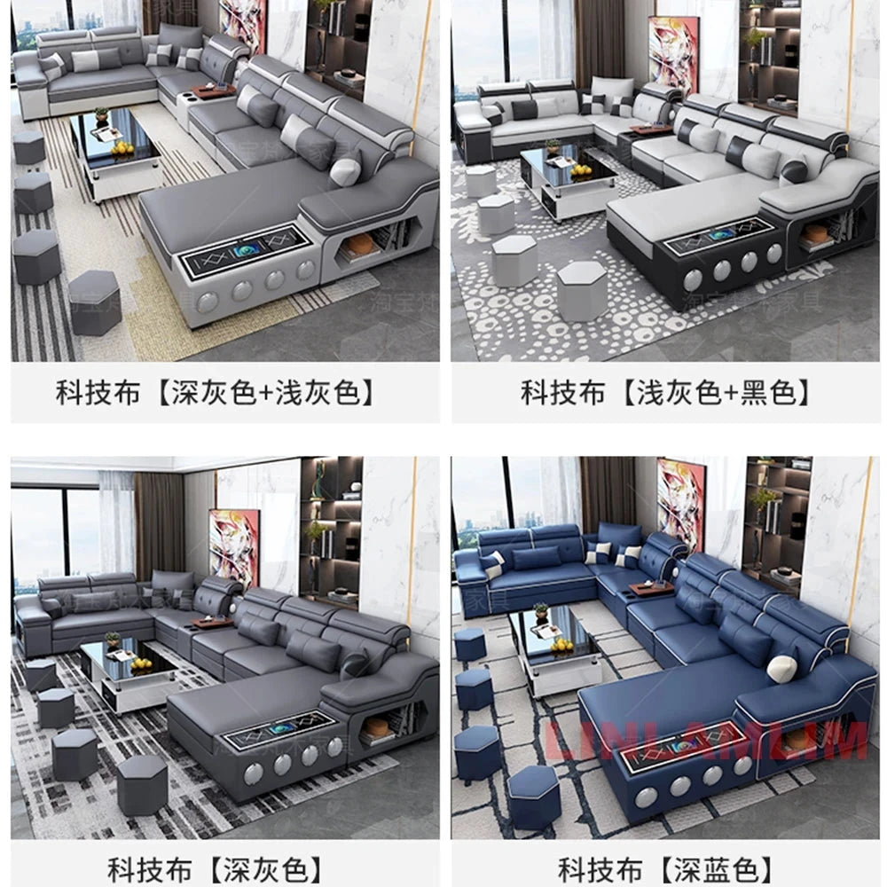 Modern Tech Fabric Sectional Sofa Set with Chaise Lounge, Bluetooth Speakers &amp; USB Charging Ports Manwatstore