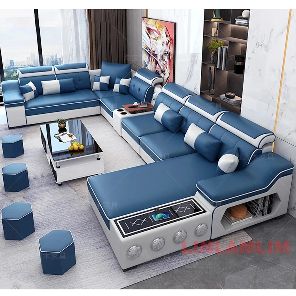 Modern Tech Fabric Sectional Sofa Set with Chaise Lounge, Bluetooth Speakers &amp; USB Charging Ports Manwatstore