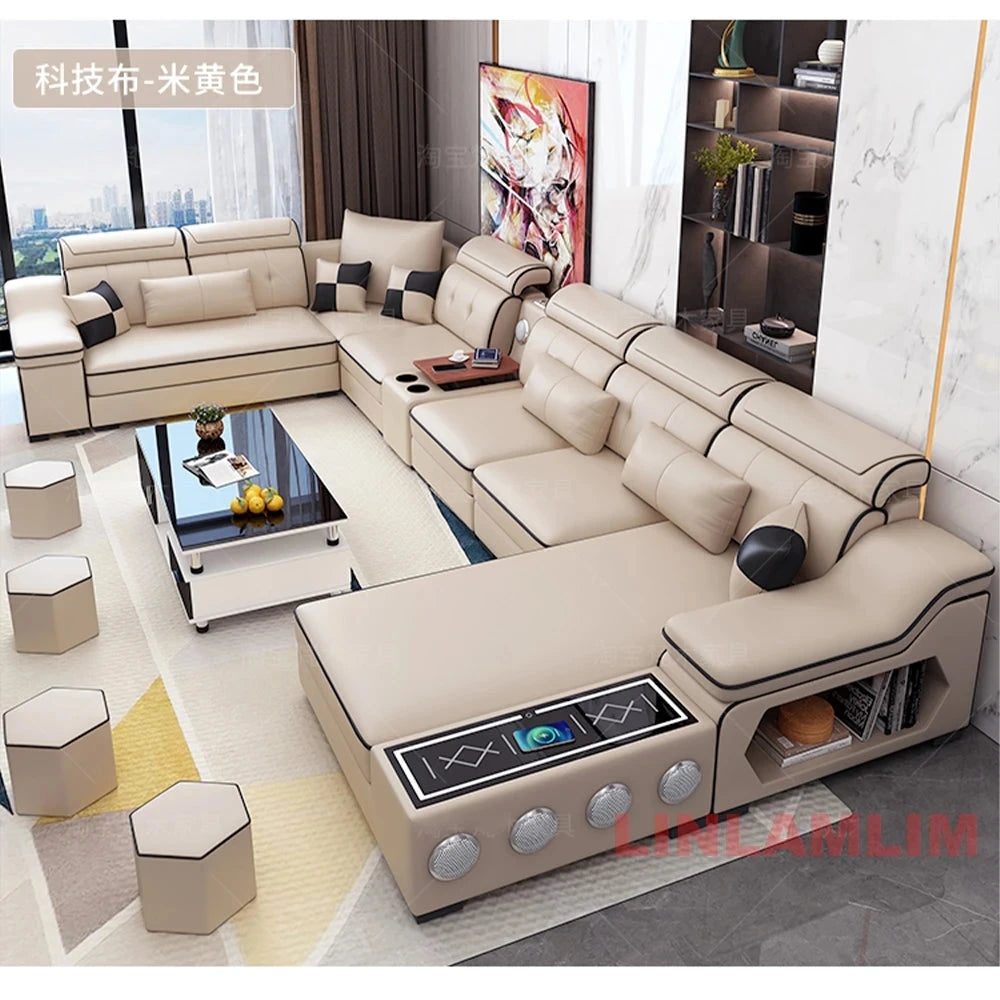 Modern Tech Fabric Sectional Sofa Set with Chaise Lounge, Bluetooth Speakers &amp; USB Charging Ports Manwatstore