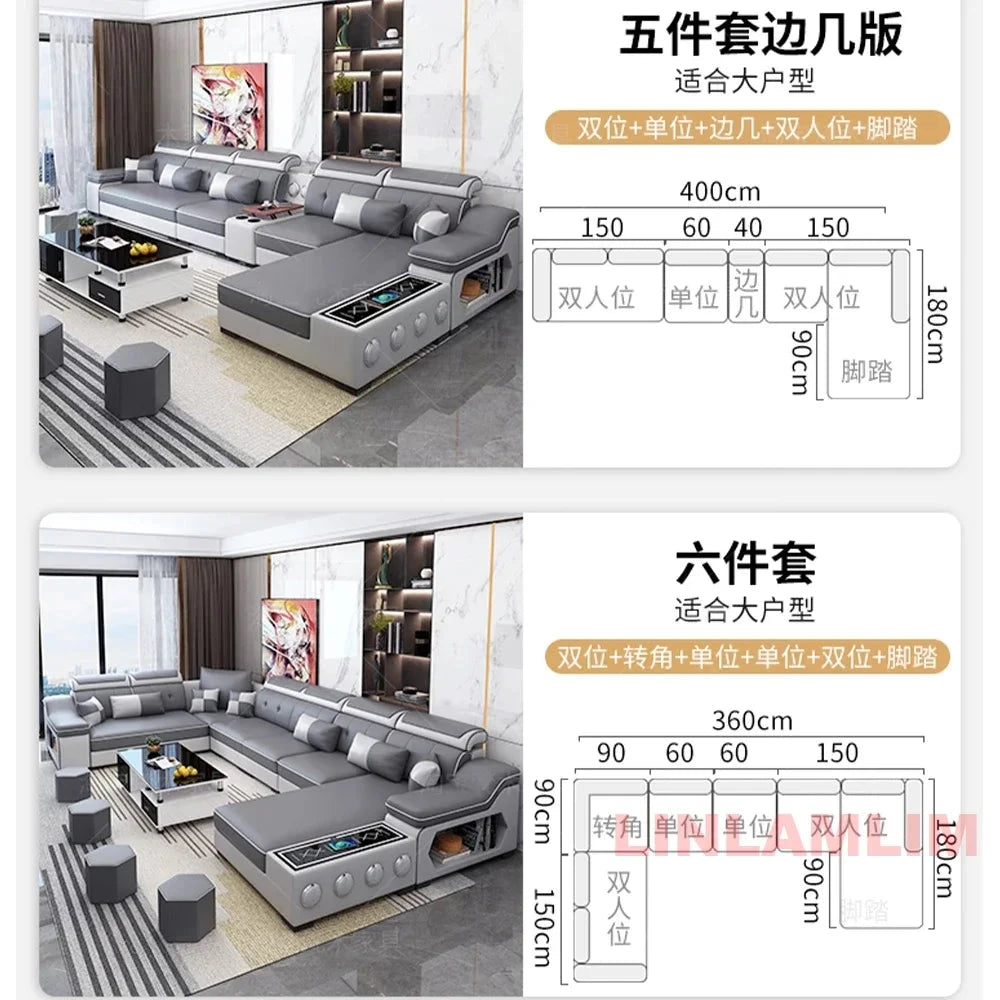 Modern Tech Fabric Sectional Sofa Set with Chaise Lounge, Bluetooth Speakers &amp; USB Charging Ports Manwatstore