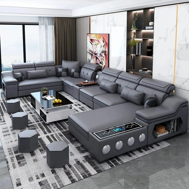 Modern Tech Fabric Sectional Sofa Set with Chaise Lounge, Bluetooth Speakers &amp; USB Charging Ports Manwatstore
