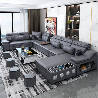 Modern Tech Fabric Sectional Sofa Set with Chaise Lounge, Bluetooth Speakers &amp; USB Charging Ports Manwatstore