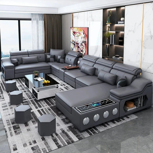 Modern Tech Fabric Sectional Sofa Set with Chaise Lounge, Bluetooth Speakers & USB Charging Ports Manwatstore