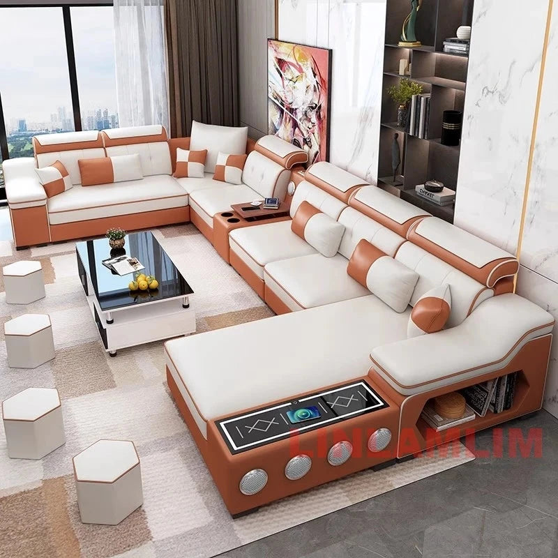 Modern Tech Fabric Sectional Sofa Set with Chaise Lounge, Bluetooth Speakers &amp; USB Charging Ports Manwatstore