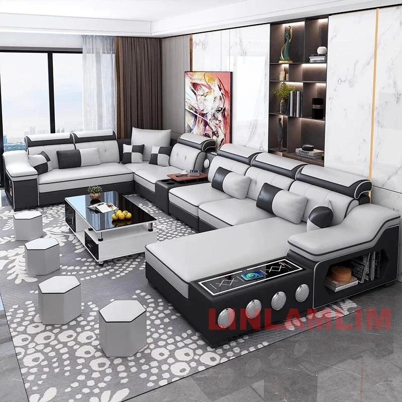 Modern Tech Fabric Sectional Sofa Set with Chaise Lounge, Bluetooth Speakers &amp; USB Charging Ports Manwatstore