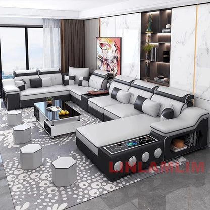 Modern Tech Fabric Sectional Sofa Set with Chaise Lounge, Bluetooth Speakers &amp; USB Charging Ports Manwatstore