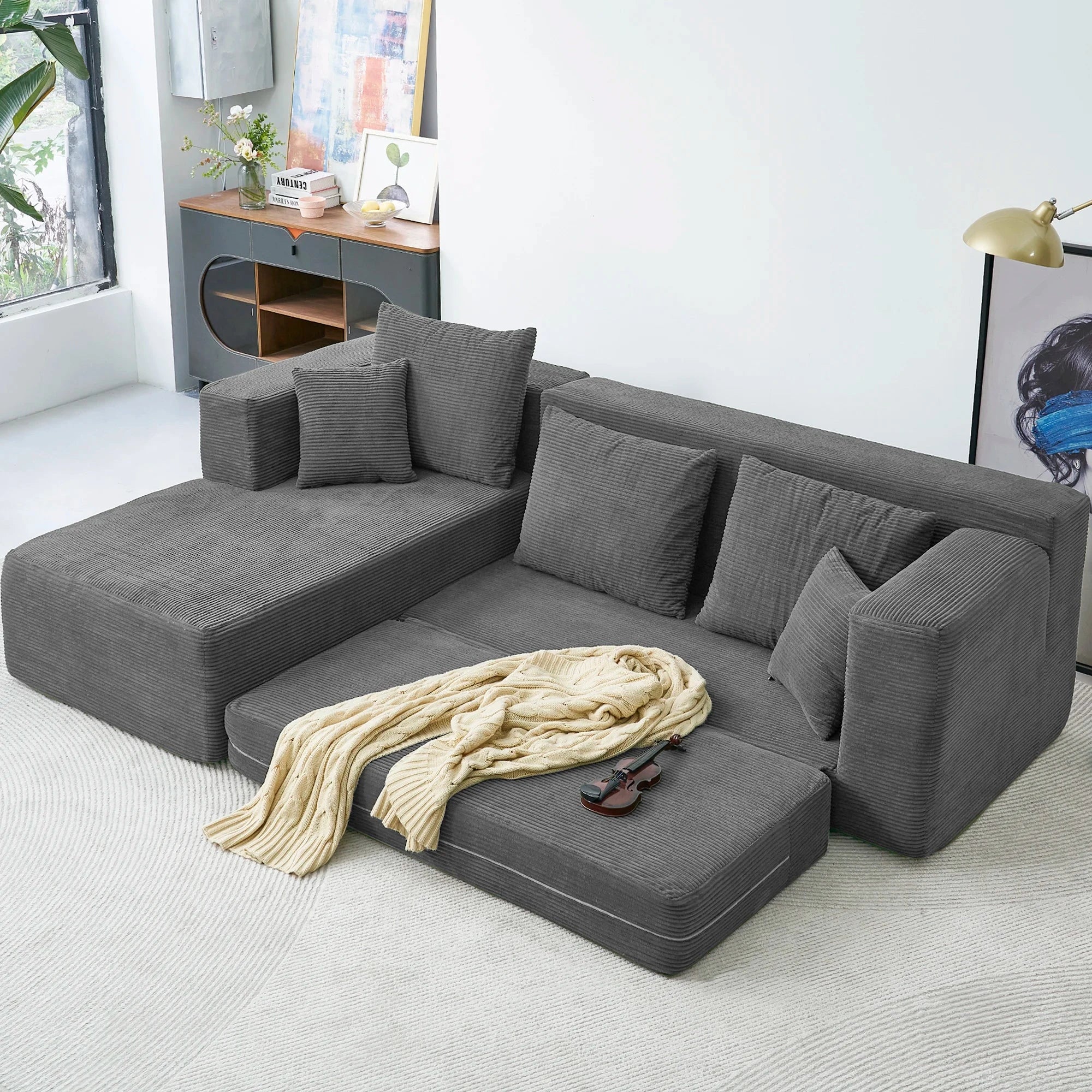Modular L-Shape Sofa Bed – Corduroy Cloud Corner Couch Manwatstore