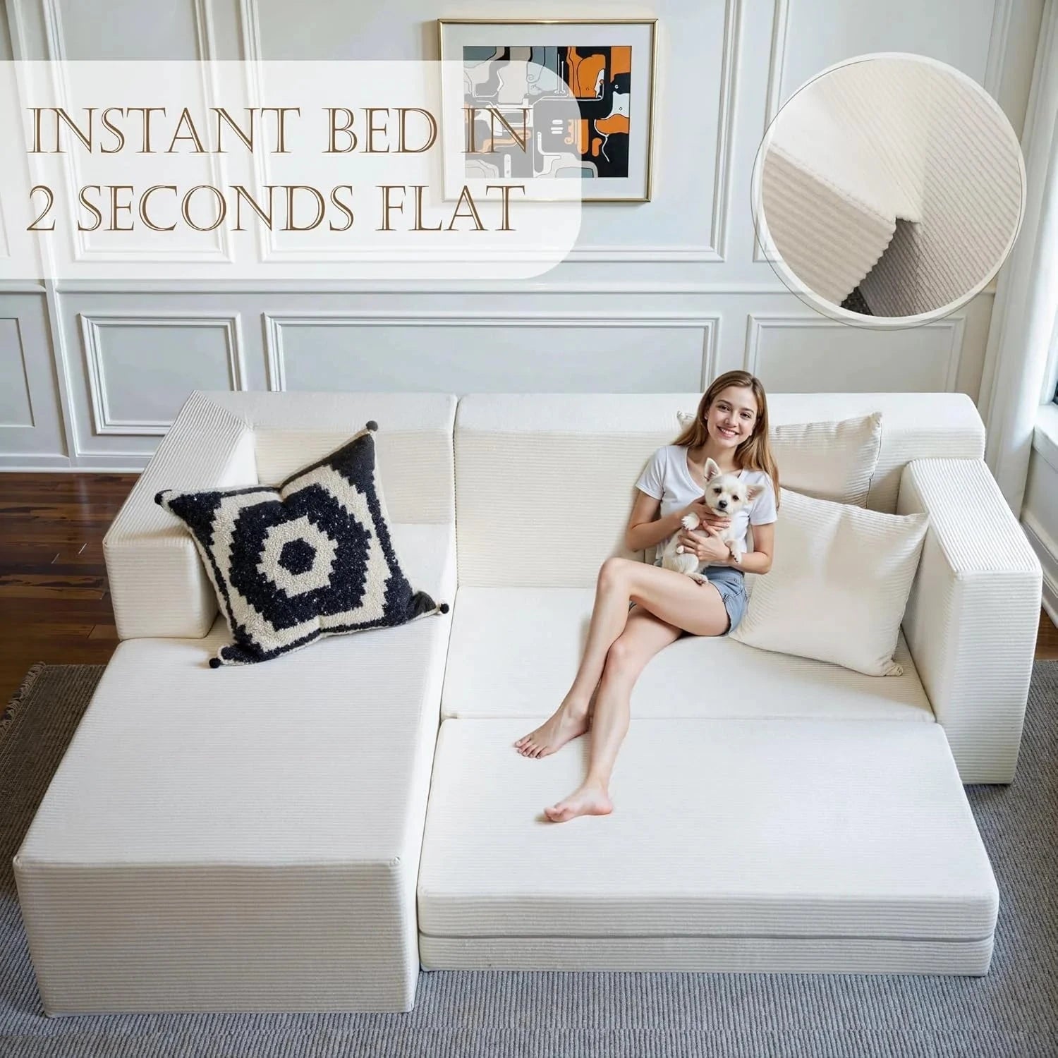 Modular L-Shape Sofa Bed – Corduroy Cloud Corner Couch Manwatstore