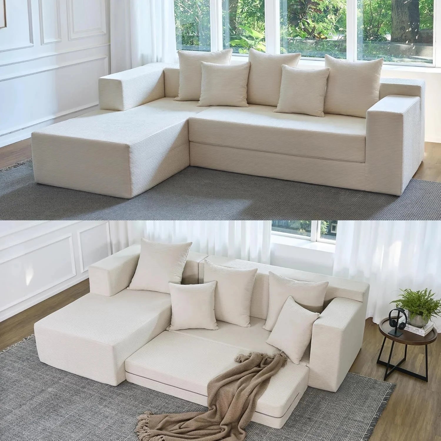 Modular L-Shape Sofa Bed – Corduroy Cloud Corner Couch Manwatstore
