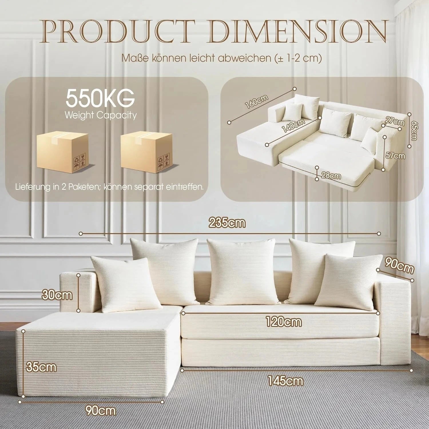 Modular L-Shape Sofa Bed – Corduroy Cloud Corner Couch Manwatstore