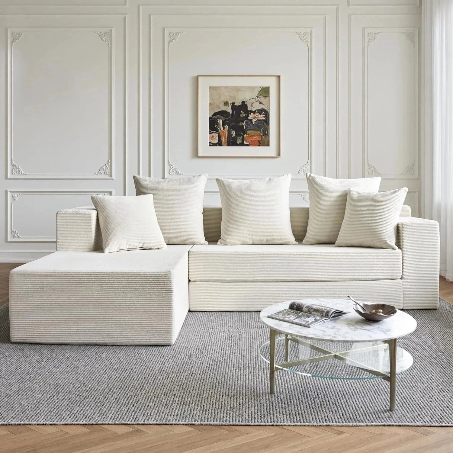 Modular L-Shape Sofa Bed – Corduroy Cloud Corner Couch Manwatstore