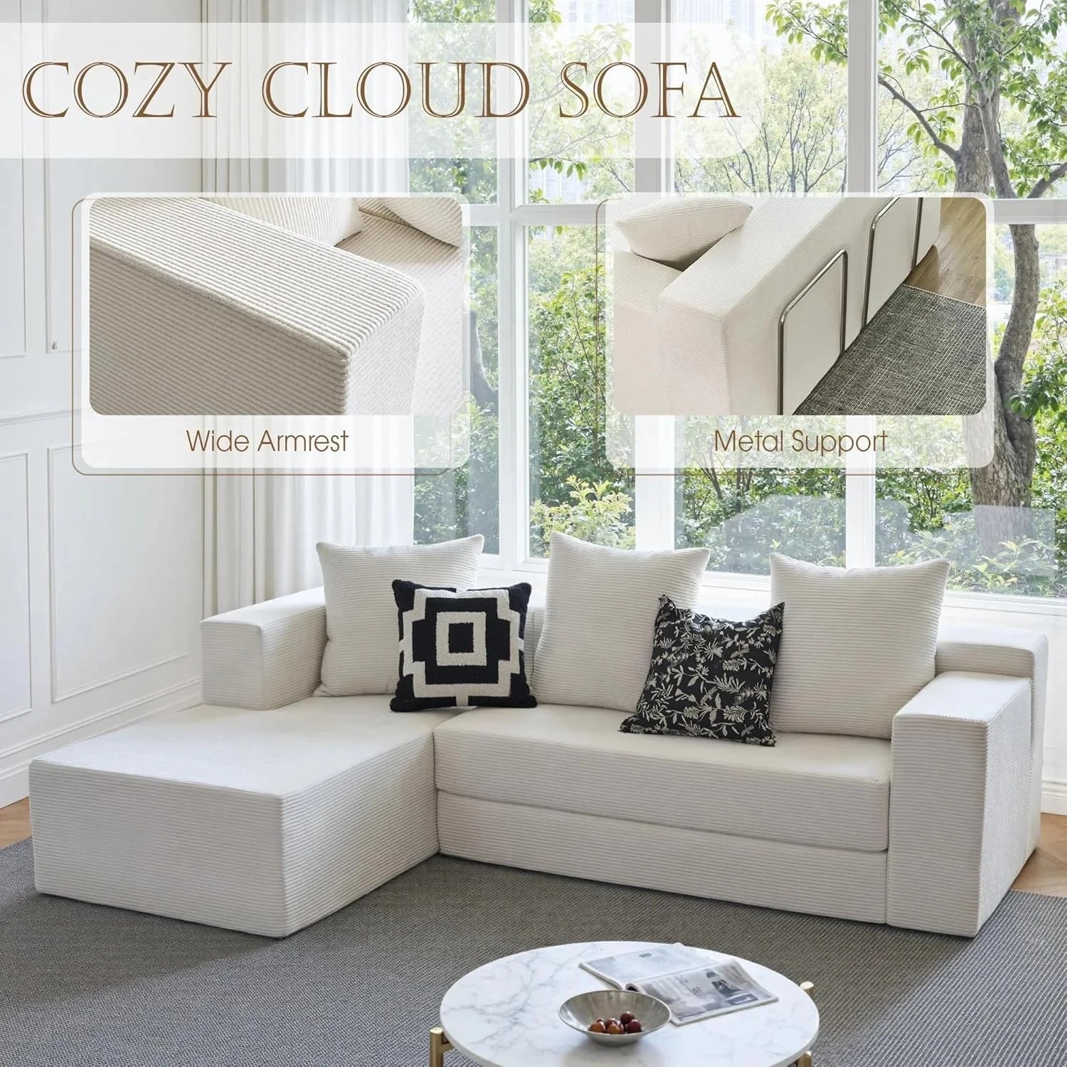 Modular L-Shape Sofa Bed – Corduroy Cloud Corner Couch Manwatstore