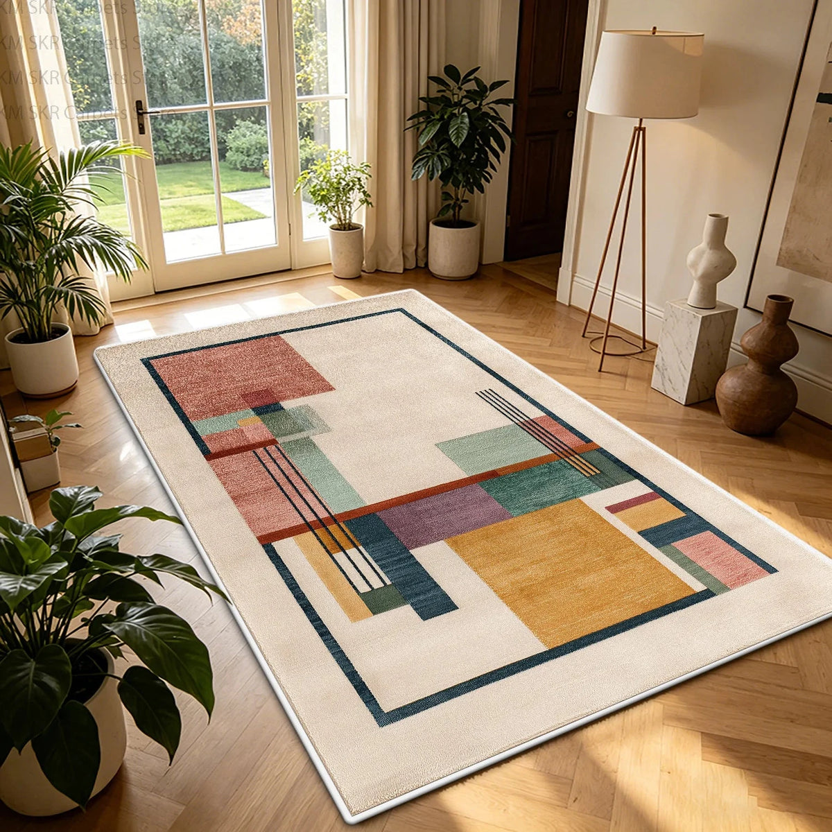 Nordic Geometric Color-Block Washable Living Room Rug – Non-Slip Large Carpet Manwatstore