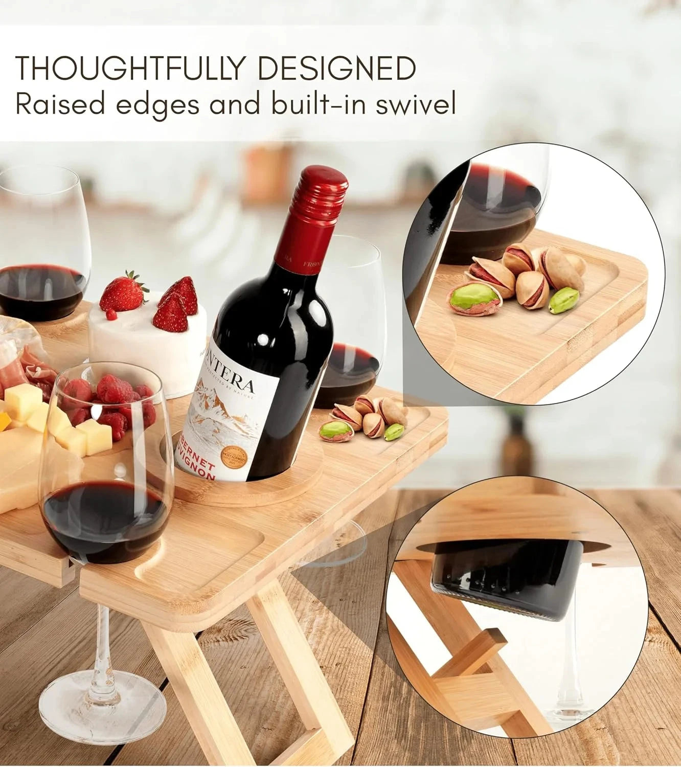 Outdoor Wine Picnic Table, Folding Wine Table, Charcuterie Board with Wine Glass Holder, Mini Table for Picnic, Picnic Date Esse Manwatstore
