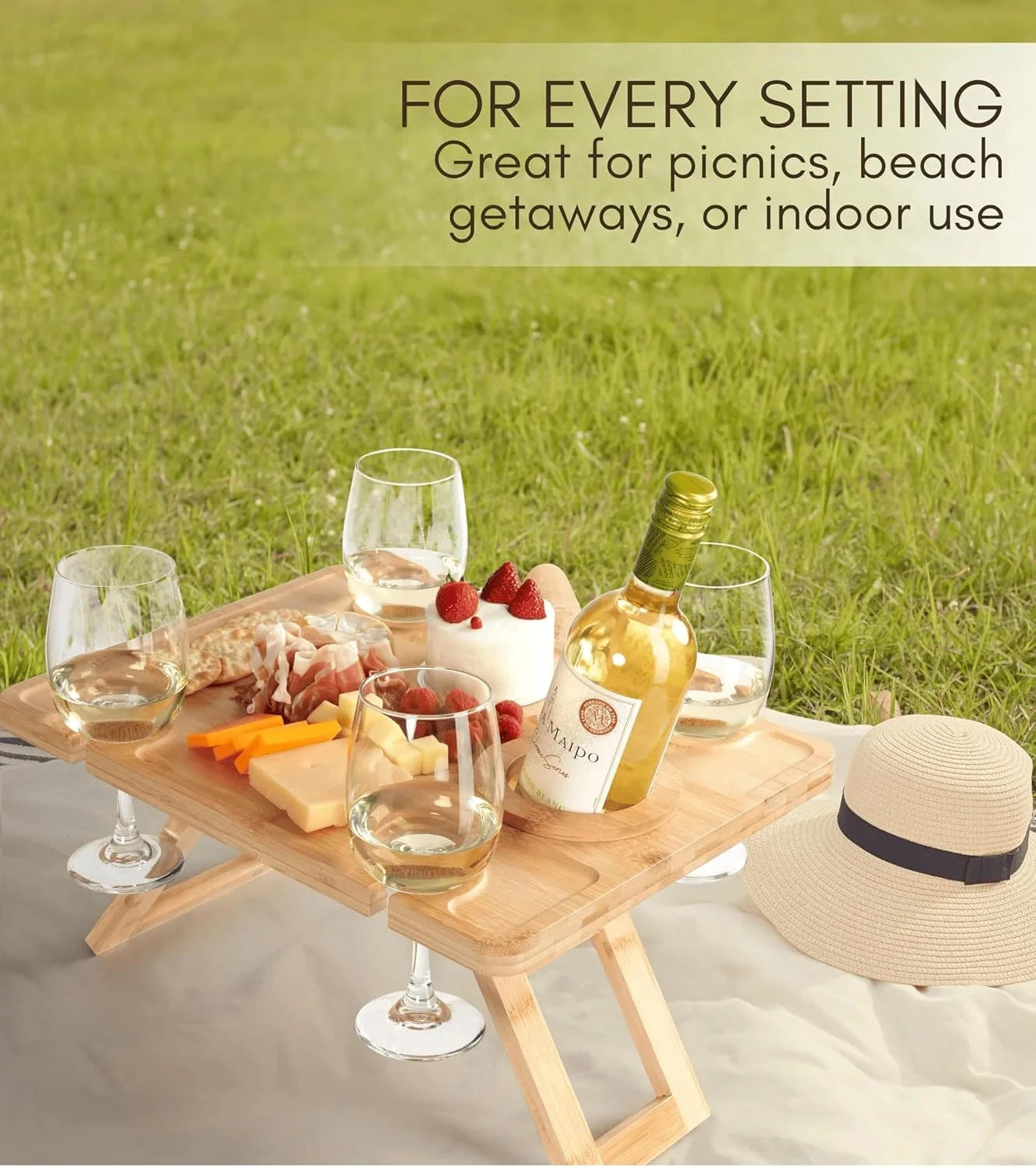 Outdoor Wine Picnic Table, Folding Wine Table, Charcuterie Board with Wine Glass Holder, Mini Table for Picnic, Picnic Date Esse Manwatstore
