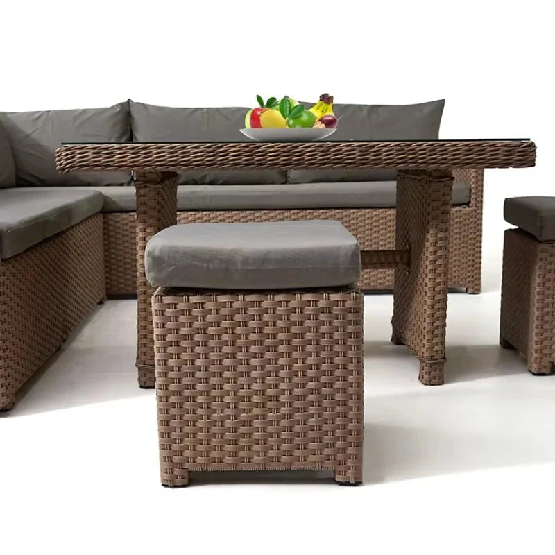 Patio Modern Wicker All Weather Aluminum Rattan Outdoor Corner L-Shaped Dining Garden Sofa Set Manwatstore