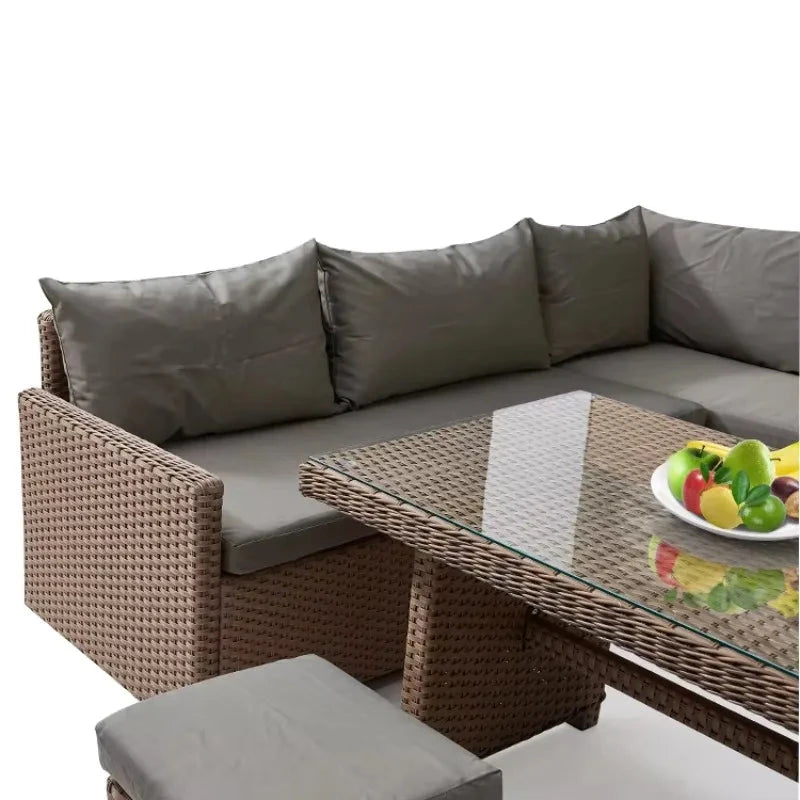 Patio Modern Wicker All Weather Aluminum Rattan Outdoor Corner L-Shaped Dining Garden Sofa Set Manwatstore