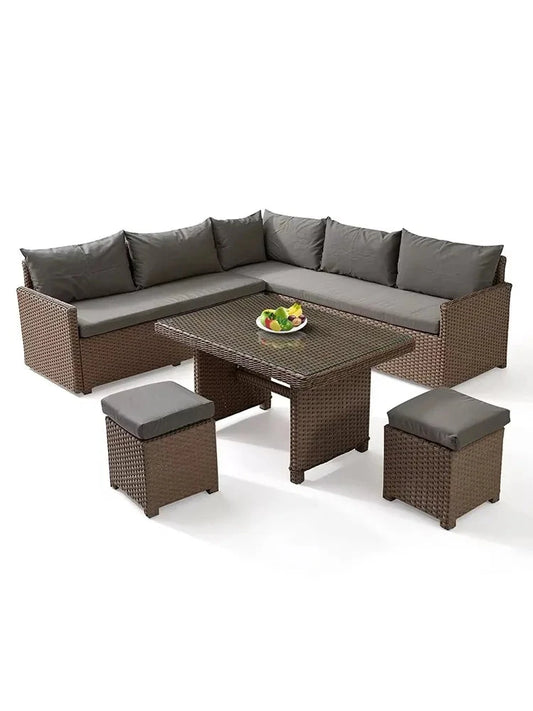Patio Modern Wicker All Weather Aluminum Rattan Outdoor Corner L-Shaped Dining Garden Sofa Set Manwatstore