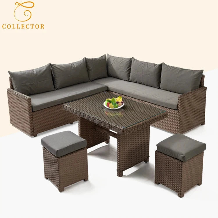 Patio Modern Wicker All Weather Aluminum Rattan Outdoor Corner L-Shaped Dining Garden Sofa Set Manwatstore
