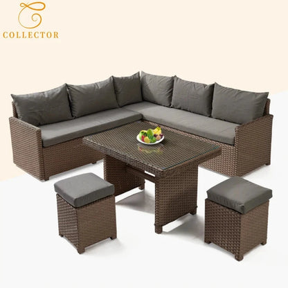 Patio Modern Wicker All Weather Aluminum Rattan Outdoor Corner L-Shaped Dining Garden Sofa Set Manwatstore