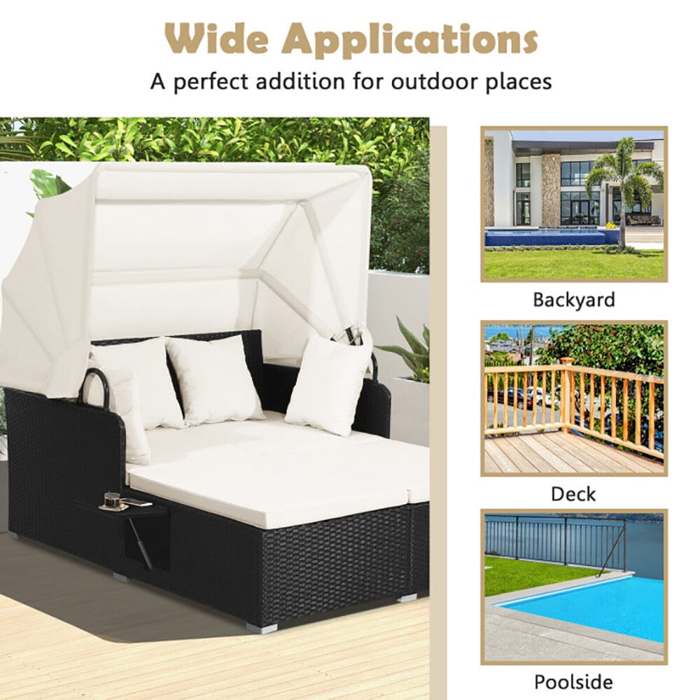 Patio Rattan Daybed With Retractable Canopy And Side Tables 0 Manwatstore