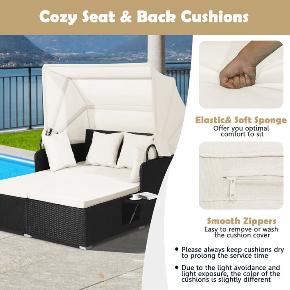 Patio Rattan Daybed With Retractable Canopy And Side Tables 0 Manwatstore
