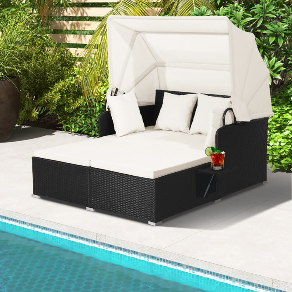 Patio Rattan Daybed With Retractable Canopy And Side Tables 0 Manwatstore
