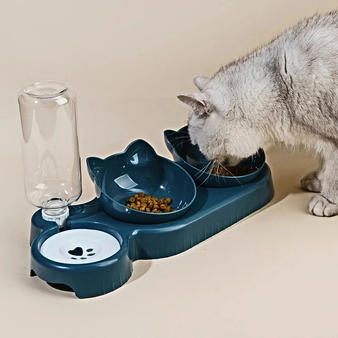 Pet Bowls With Water Feeder, 3 In 1 Ear Design Tilted Cat Water And Food Bowl Set With Gravity Water Bottle For Neck Protection Manwatstore