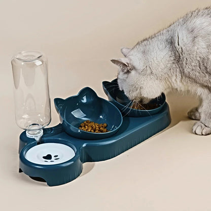 Pet Bowls With Water Feeder, 3 In 1 Ear Design Tilted Cat Water And Food Bowl Set With Gravity Water Bottle For Neck Protection Manwatstore