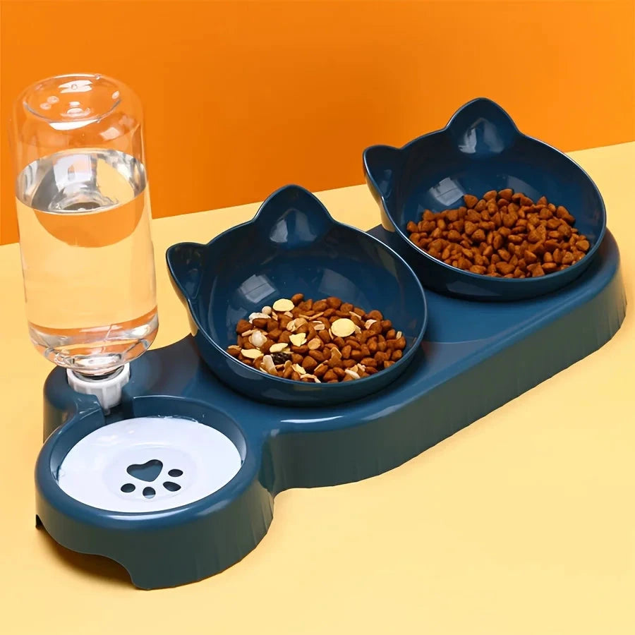 3-in-1 cat food and water bowl with feeder