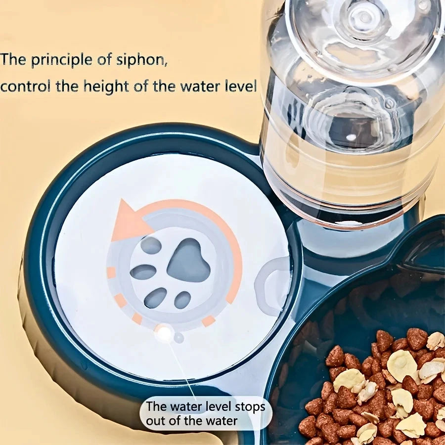 Pet Bowls With Water Feeder, 3 In 1 Ear Design Tilted Cat Water And Food Bowl Set With Gravity Water Bottle For Neck Protection Manwatstore