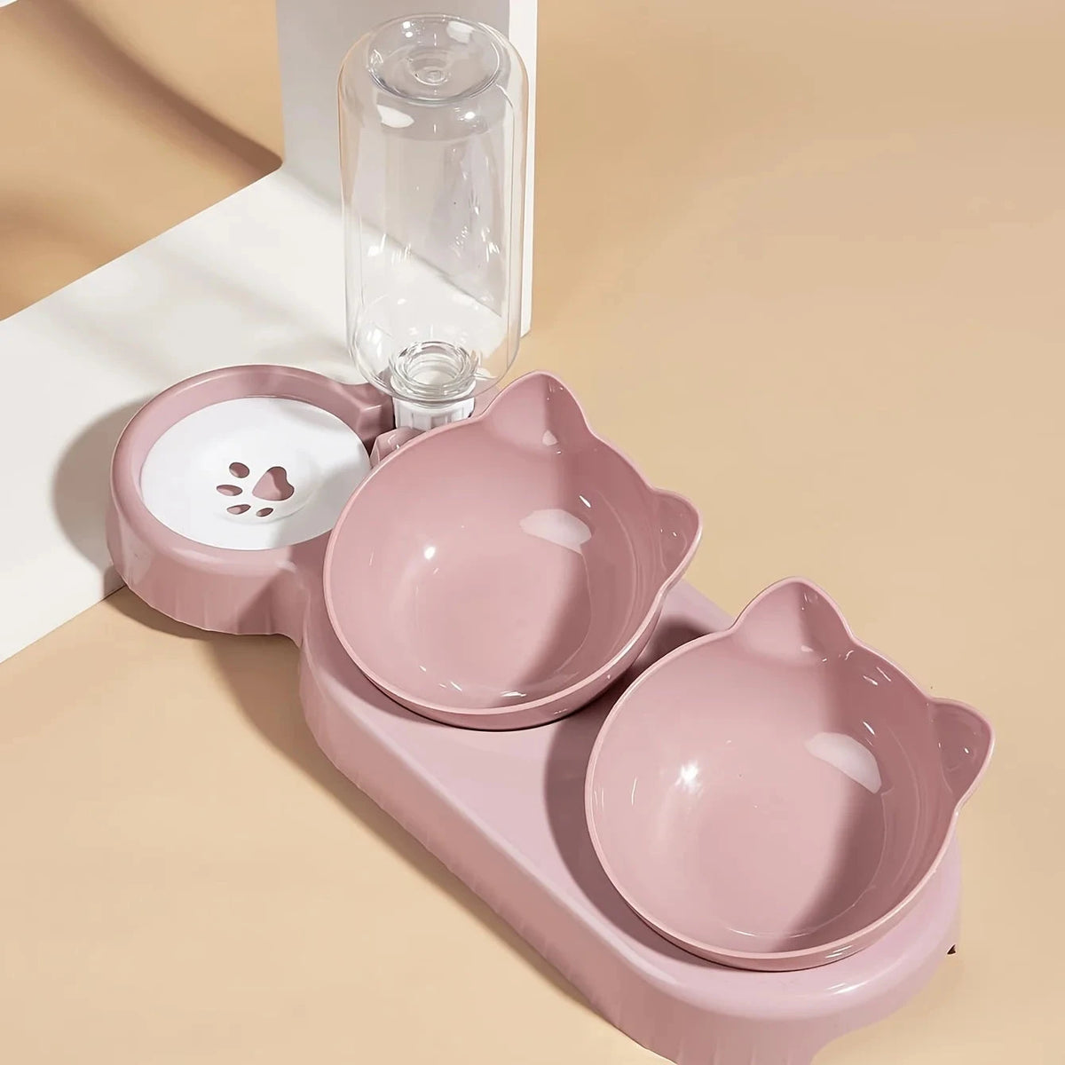 Pet Bowls With Water Feeder, 3 In 1 Ear Design Tilted Cat Water And Food Bowl Set With Gravity Water Bottle For Neck Protection Manwatstore
