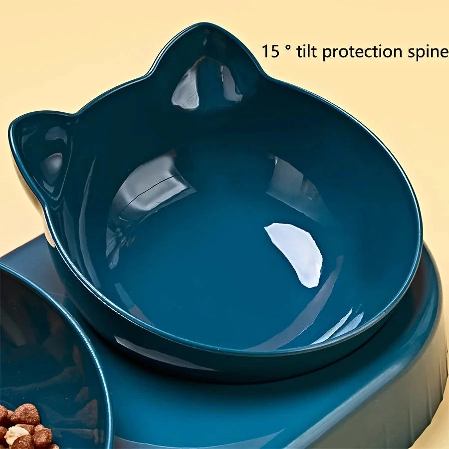 Pet Bowls With Water Feeder, 3 In 1 Ear Design Tilted Cat Water And Food Bowl Set With Gravity Water Bottle For Neck Protection Manwatstore