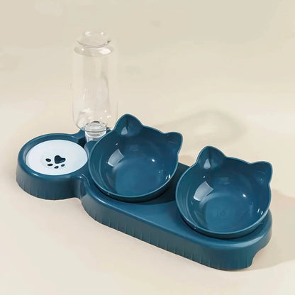 Pet Bowls With Water Feeder, 3 In 1 Ear Design Tilted Cat Water And Food Bowl Set With Gravity Water Bottle For Neck Protection Manwatstore