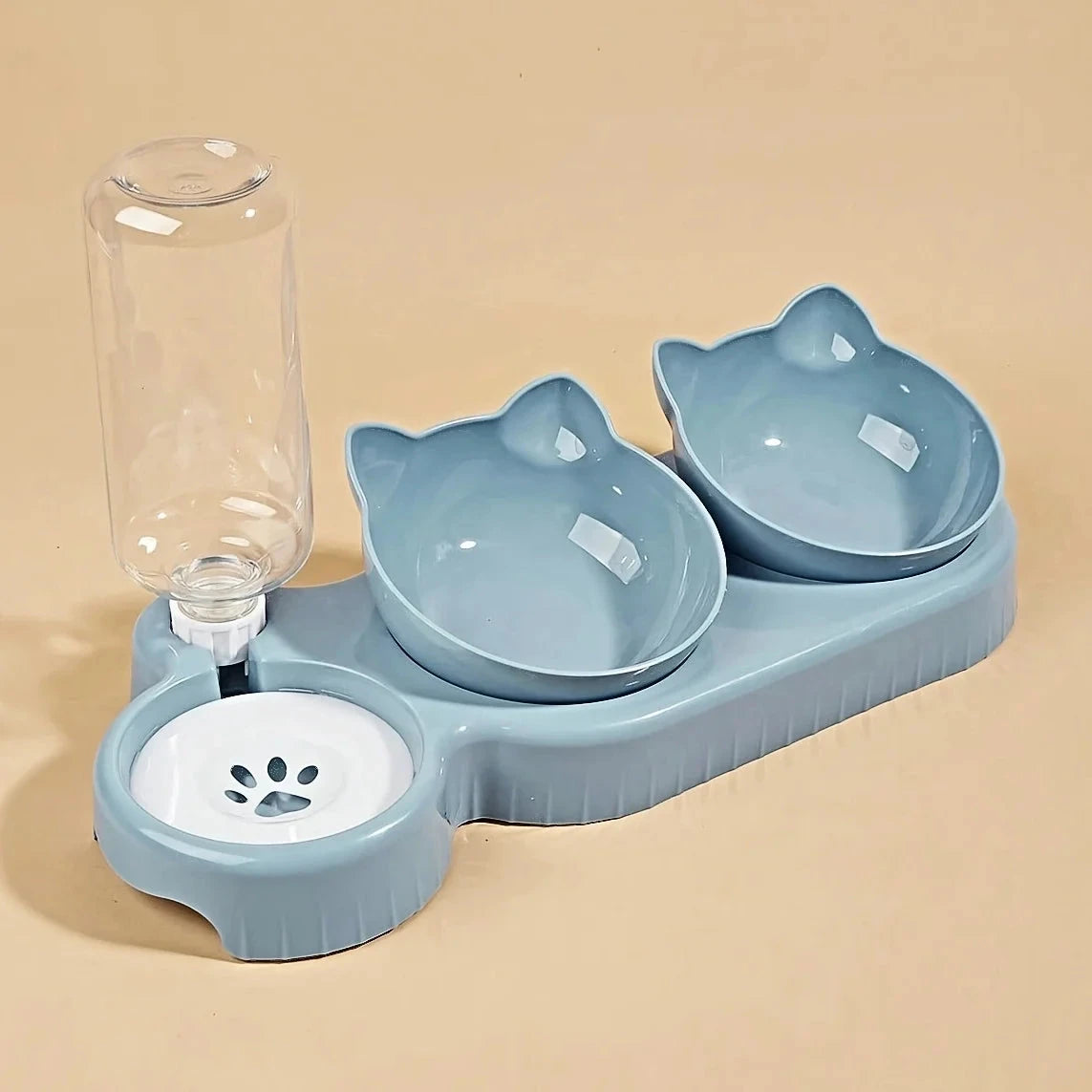 Pet Bowls With Water Feeder, 3 In 1 Ear Design Tilted Cat Water And Food Bowl Set With Gravity Water Bottle For Neck Protection Manwatstore