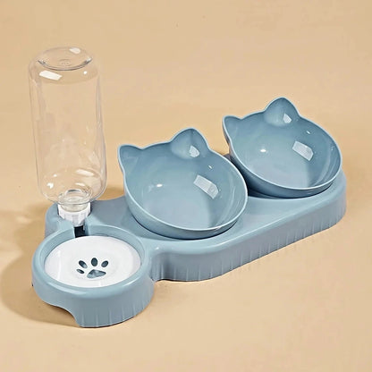 Pet Bowls With Water Feeder, 3 In 1 Ear Design Tilted Cat Water And Food Bowl Set With Gravity Water Bottle For Neck Protection Manwatstore