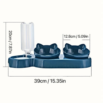 Pet Bowls With Water Feeder, 3 In 1 Ear Design Tilted Cat Water And Food Bowl Set With Gravity Water Bottle For Neck Protection Manwatstore
