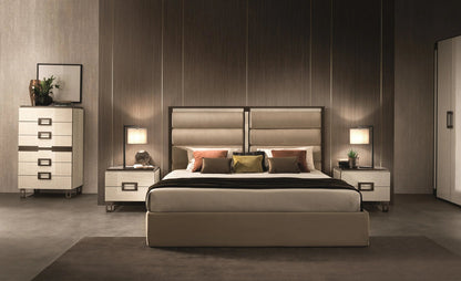 Pola Italian Upholstered Bed in Luxurious Beige Finish with Brown Marble Accents, Plush Upholstery, and Elegant Bronze Feet Beds &amp; Bed Frames Manwatstore