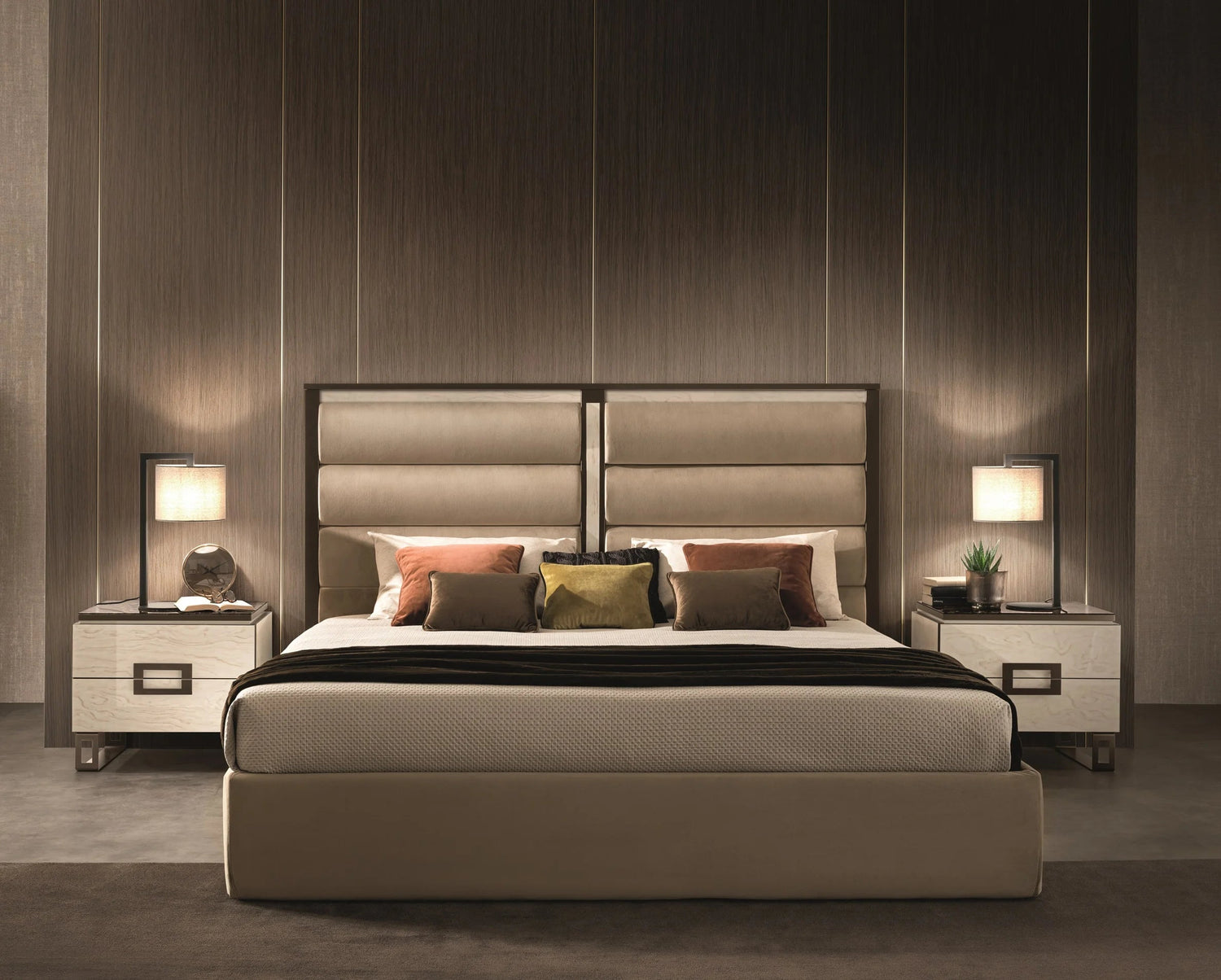 Pola Italian Upholstered Bed in Luxurious Beige Finish with Brown Marble Accents, Plush Upholstery, and Elegant Bronze Feet Beds &amp; Bed Frames Manwatstore