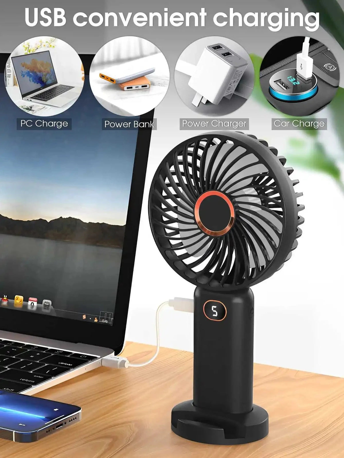 Portable Handheld Fan USB Rechargeable Mini Fan Digital Display 5-Speed Adjustment Suitable For Travel Outdoor Office Home Manwatstore
