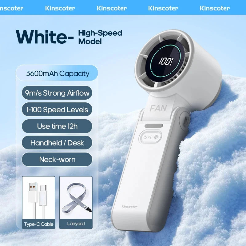 Portable High Speed Cooling Handheld Fan 3600mAh Rechargeable 100 Speed Adjustable Mini Foldable Air Cooling Turbo Fan &amp; Lanyard Manwatstore