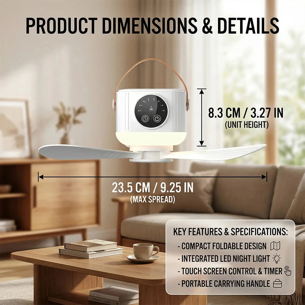 Portable Rechargeable Hanging Fan with LED Light Remote Control Manwatstore