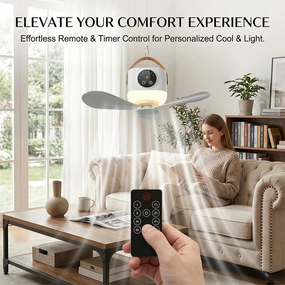 Portable Rechargeable Hanging Fan with LED Light Remote Control Manwatstore