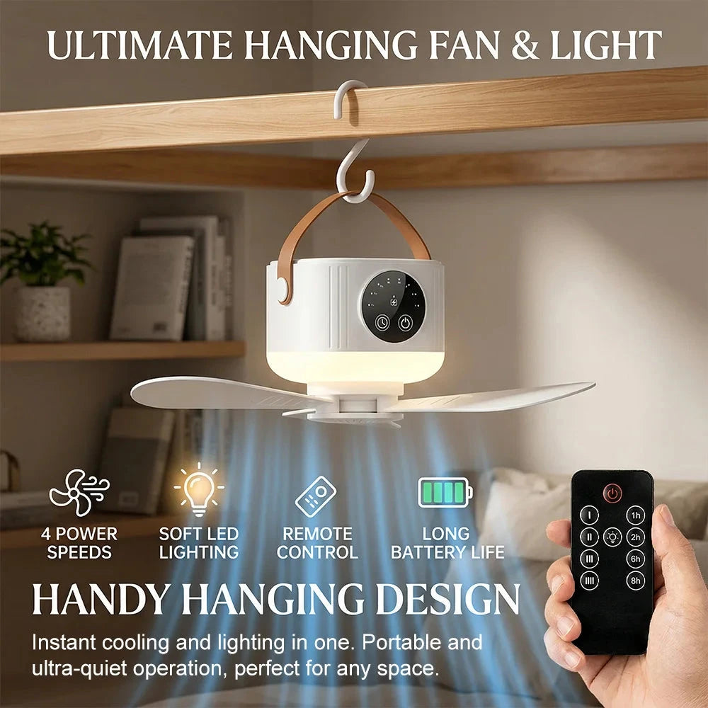 Portable Rechargeable Hanging Fan with LED Light Remote Control Manwatstore