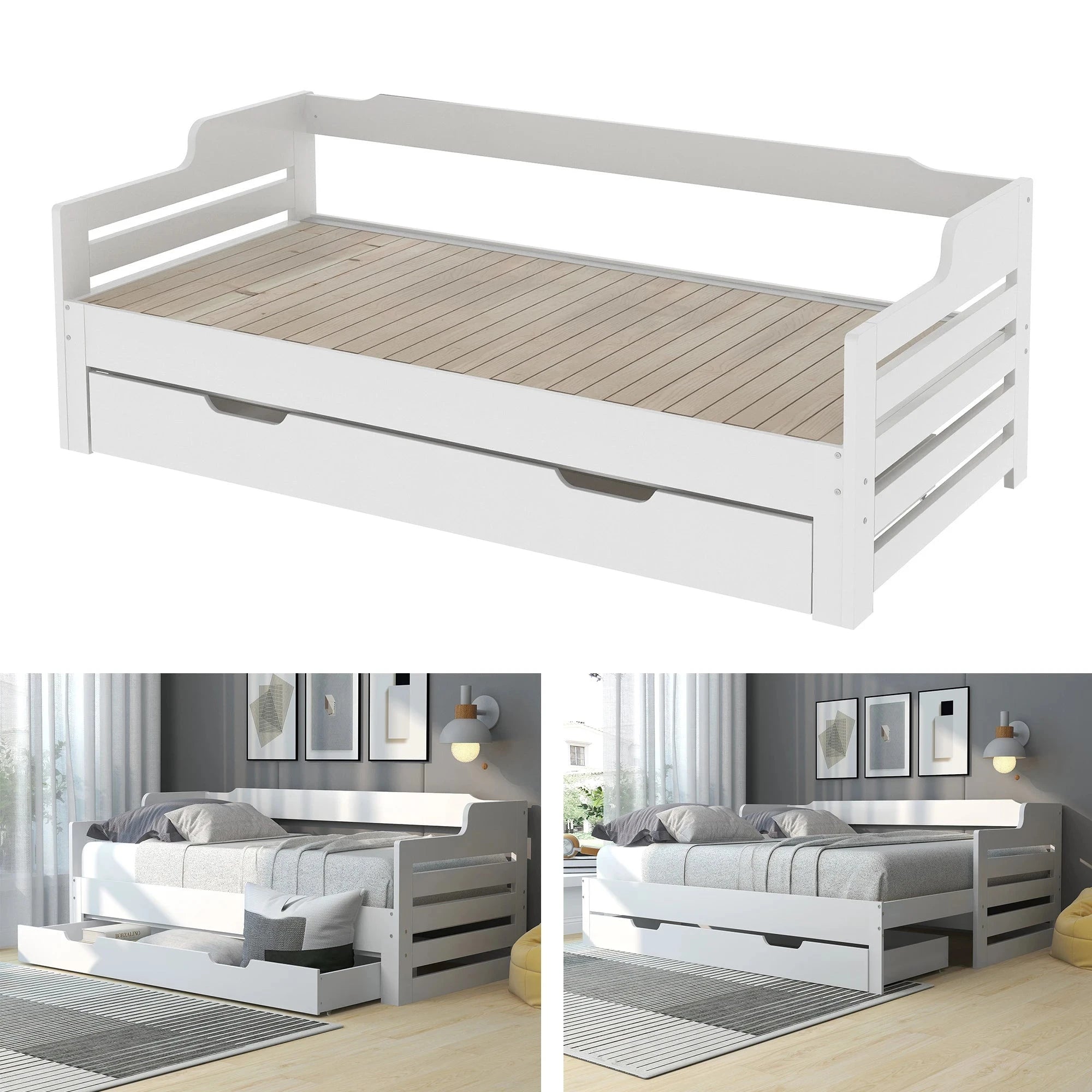 PureNest™ Single Guest Sofa Bed with Pull-Out Trundle (3FT / 90 × 190 cm) – White Manwatstore