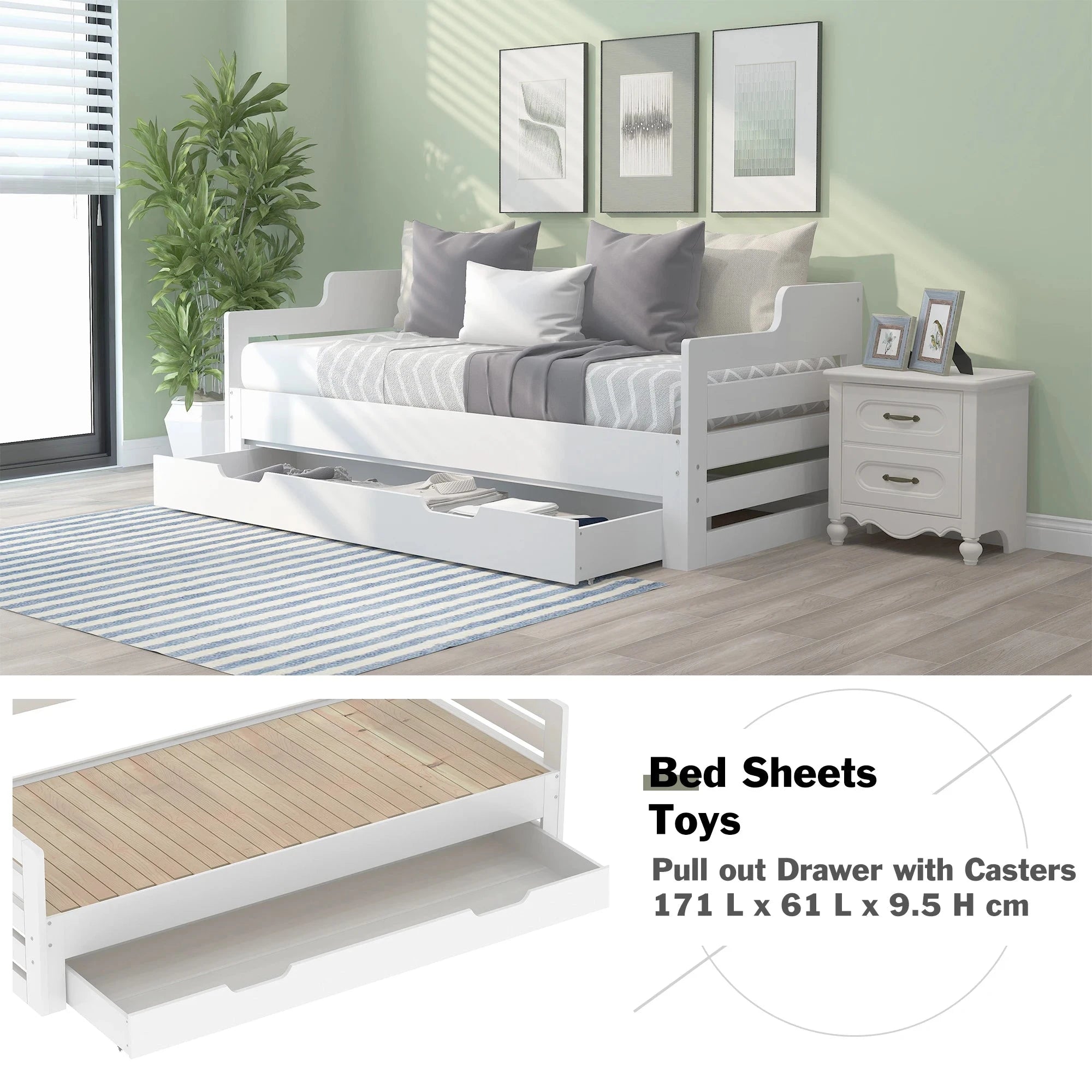 PureNest™ Single Guest Sofa Bed with Pull-Out Trundle (3FT / 90 × 190 cm) – White Manwatstore